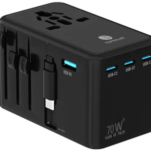 Universal Travel Adapter GaN 70W, PD Fast Charging, 3 USB-C, 1 USB, Cable, Pouch