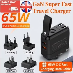 Universal Laptop Travel EU Adapter Worldwide USB C 3A 65W GaN Fast Charger