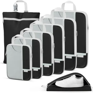 Compression Packing Cubes Set with Laundry and Shoe Bag for Luggage, 8 Pieces